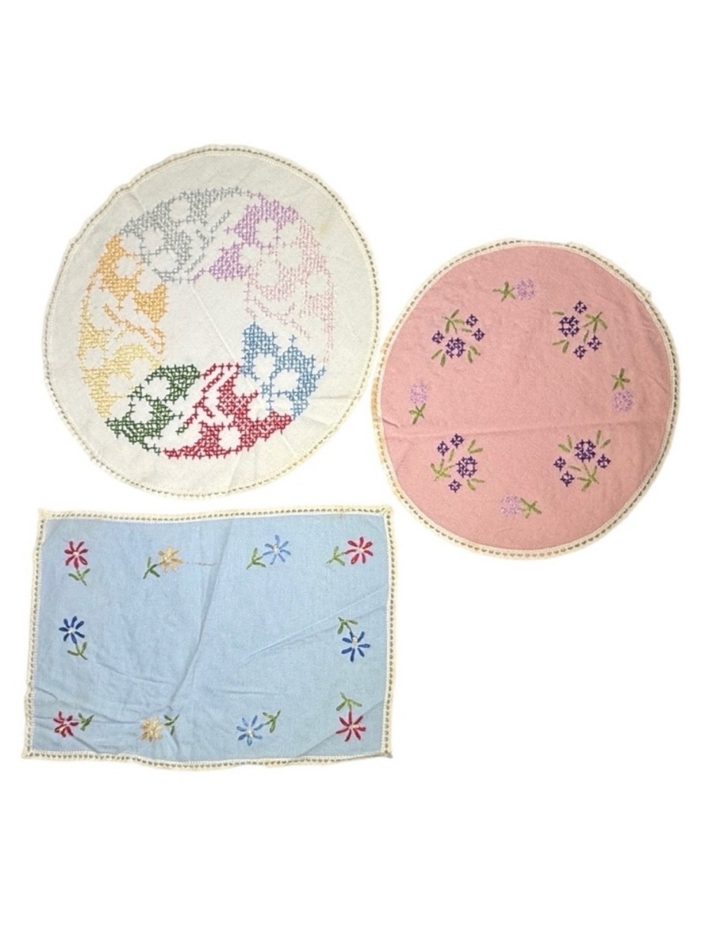 3 Vintage Embroidered Doilies Crochet Floral Handmade Linens Cottagecore Grandma